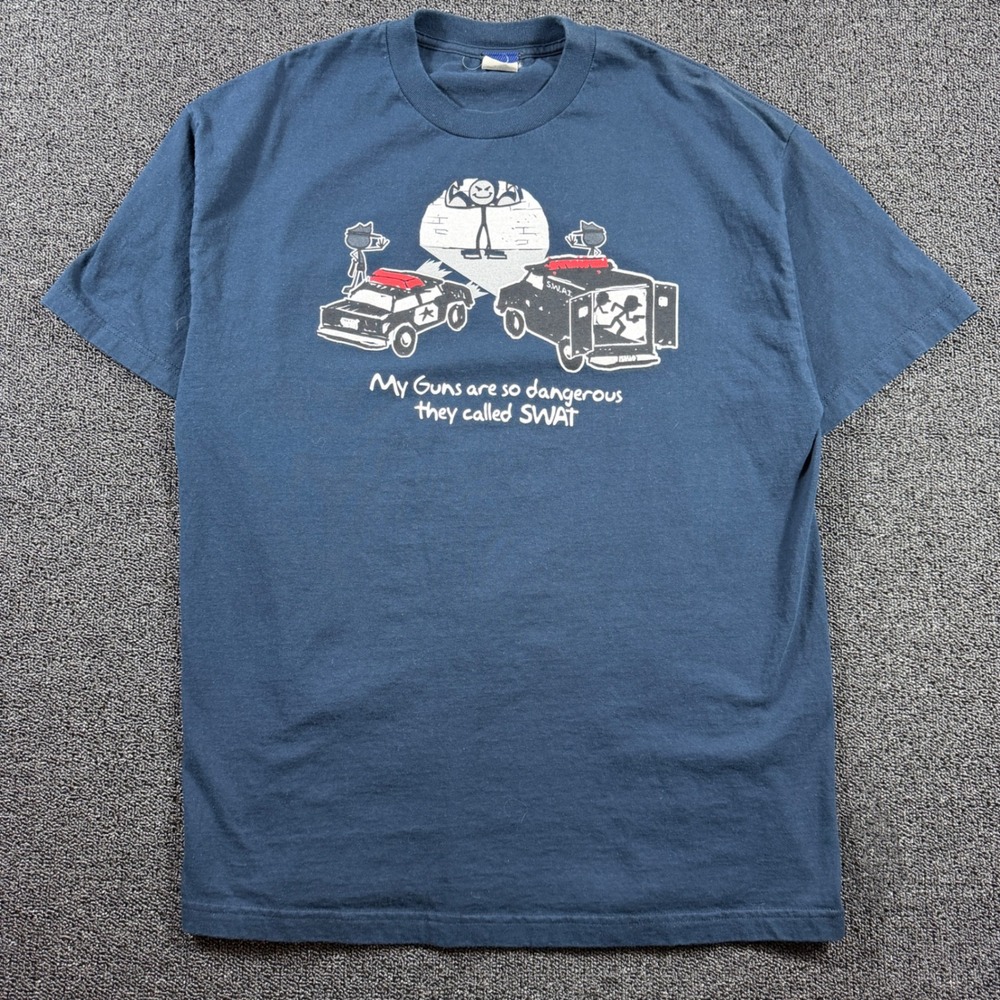 VTG‎ MOST Guns So Dangerous They Called SWAT Men's XL Stick Figure Y2K Gym RARE